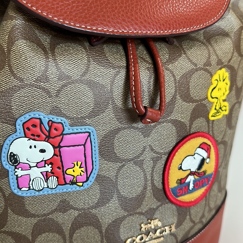NWT COACH Snoopy PEANUT DEMPSEY Drawstring Backpack Signature Canvas wallet Set - Picture 7 of 14